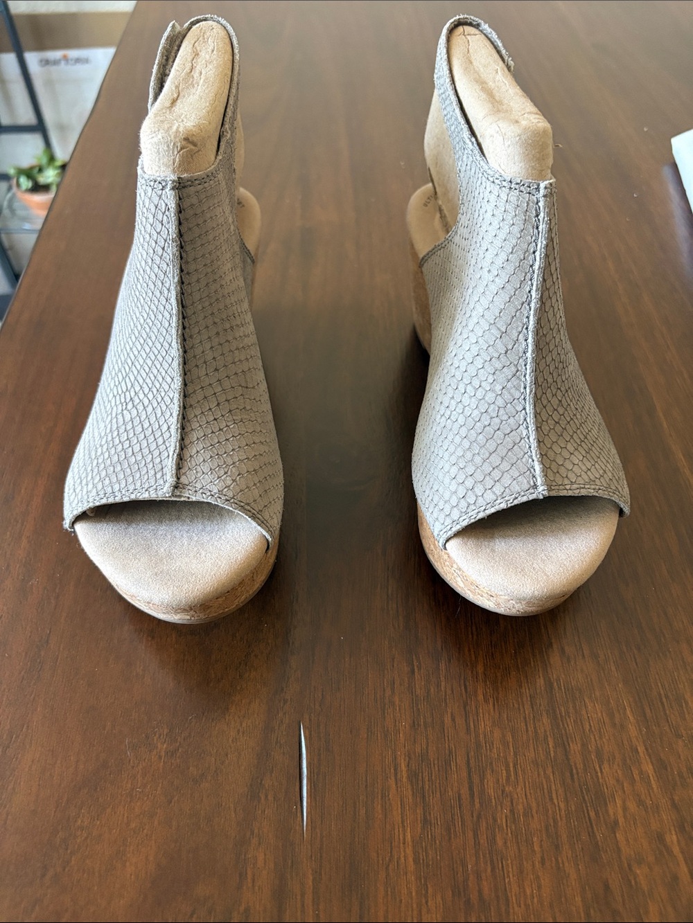 Clarks Taupe Textured Open-Toe Wedge Sandals